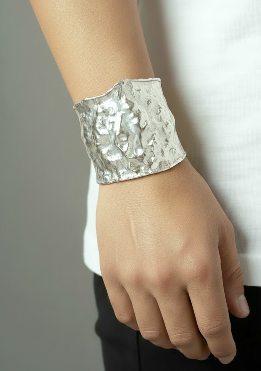 Hammered CUSTOM Organic Solid 999 Silver Bracelet Cff 80g Wide 75mm ALL Sizes