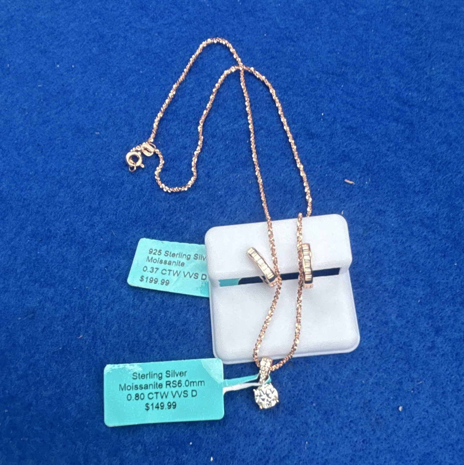 925 Sterling Silver Rose Gold Chain 0.80ctw Round Moissanite Pendant and Huggies