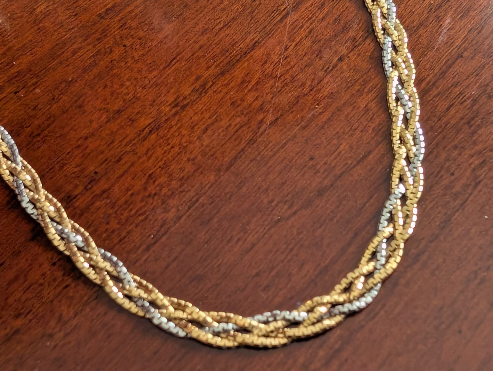 18K Gold and PT 850 Multicolor Flat Braided Woven Chain Necklace 16 Inches 6.4g
