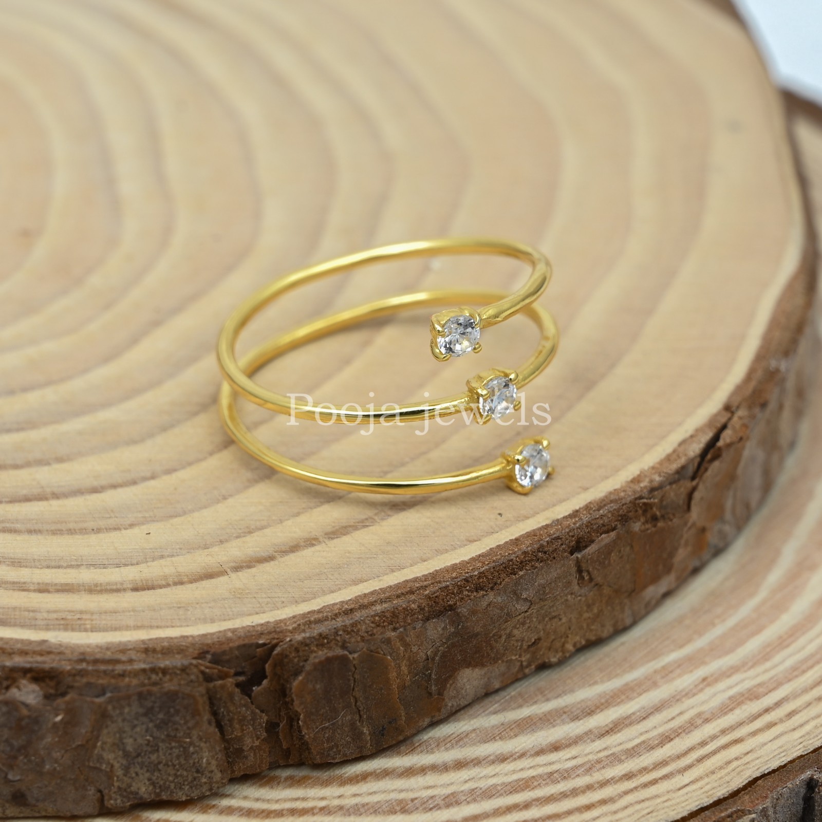 14K Yellow Gold Plated Triple Wrap Open Ring Round CZ Adjustable Minimalist Band
