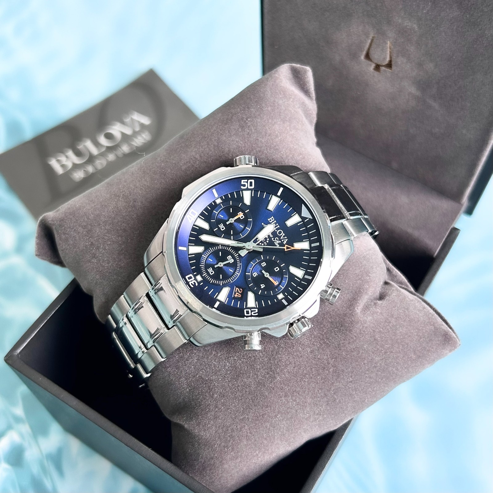Bulova Classic Marine Star Chronograph Blue Dial Stainless Steel Men Watch 43MM