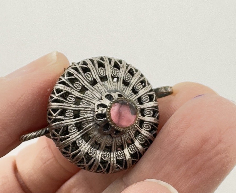 RARE Antique Sterling Filigree Asian Chinese Amethyst Jeweled Teapot Charm