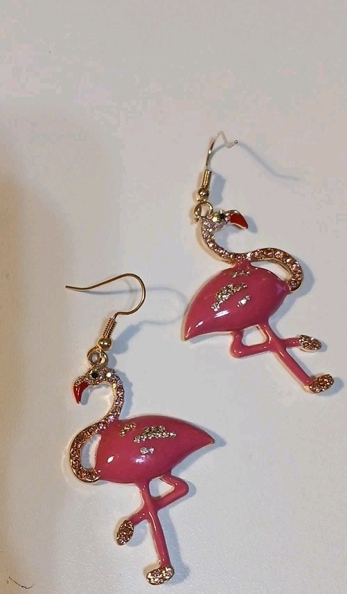 Flamingo Dark Pink Enamel And Rinestone Dangle Earrings Goldtone On Hooksl
