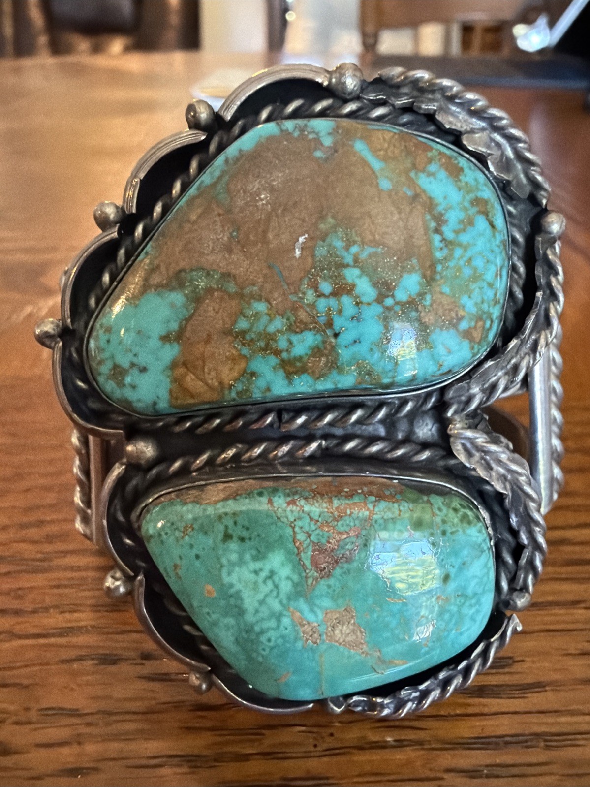 Large Vintage Navajo Silver Braided Rope Turquoise Cuff Bracelet 94g ~3 Troy Oz