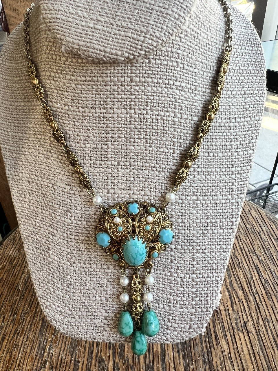 Antique Deco Czech Gold Plated Filigree Mottled Turquoise Glass Dangle Necklace