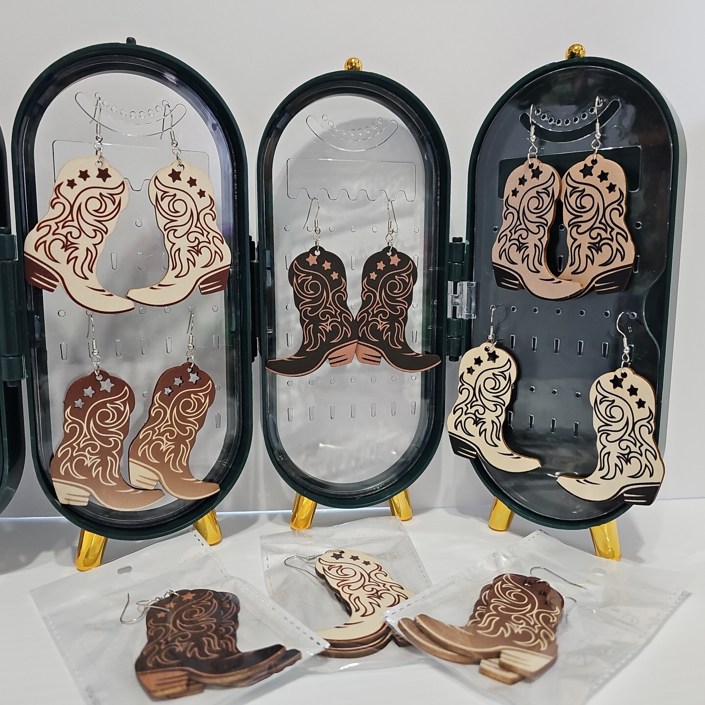 Boots Wooden 2.25″x2″ Dangle Hook Earrings Cowgirl Western Rodeo 5 Shades NEW