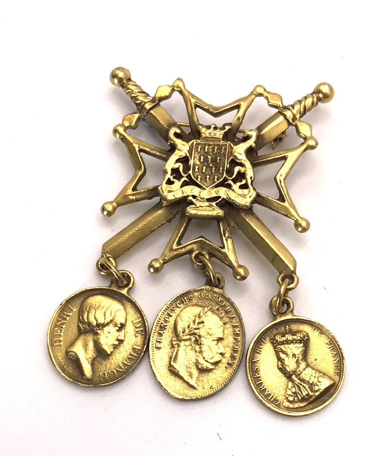 Vintage Coat of Arms With Crossing Swords Crest Coins Brooch Pin Viribus Unitis