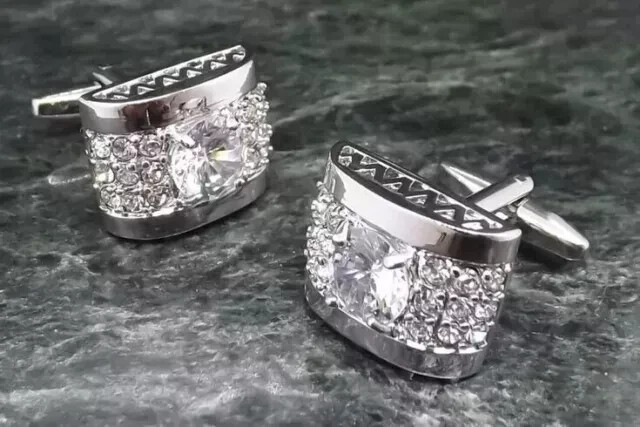 14K White Gold Plated 2Ct Round Cut Lab Created Diamond Men’s Wedding Cufflinks