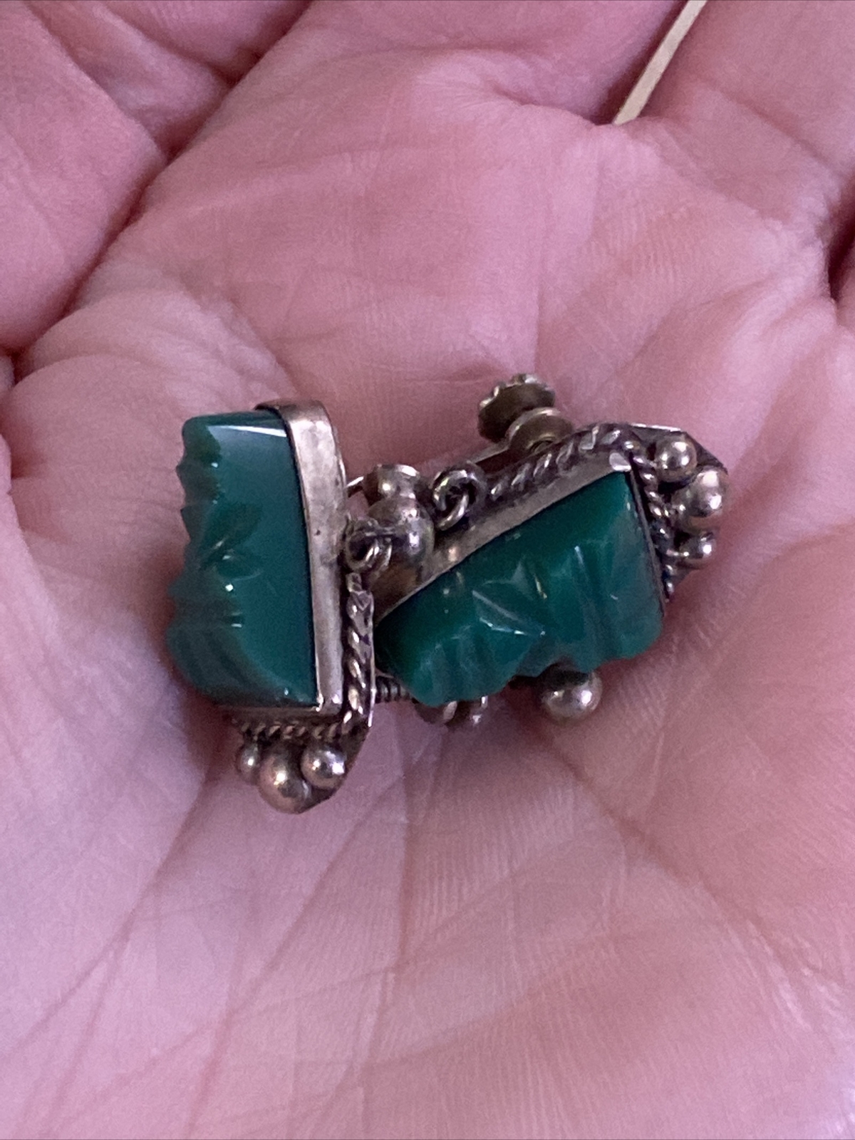 Vintage Malachite Earrings with Rope Style Accents 925 Sterling Silver #885
