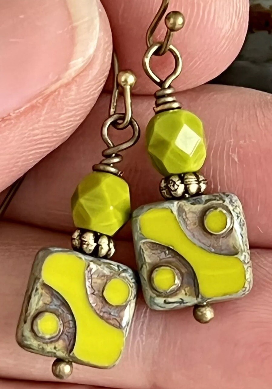 Beautiful Bronze Earrings with Olive Green Picasso Czech Glass Beads