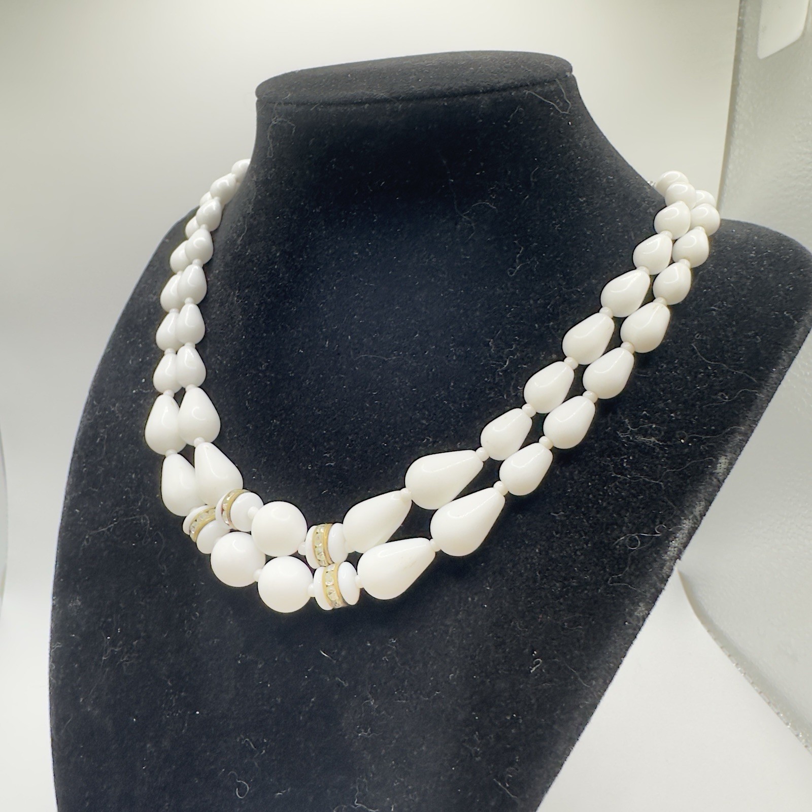 Vintage White Milk Glass Bead Double Strand Necklace Choker Rhinestone Accent