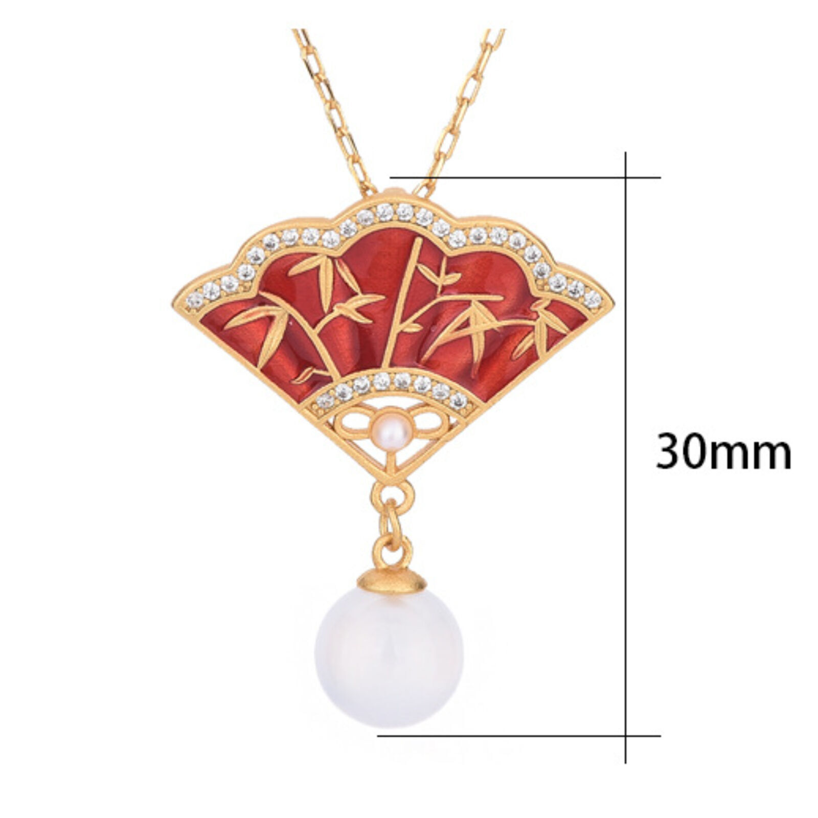 Jade Jewelry Cloisonne Fan Charm Pendant With Chain Necklace Gold Plated Gift