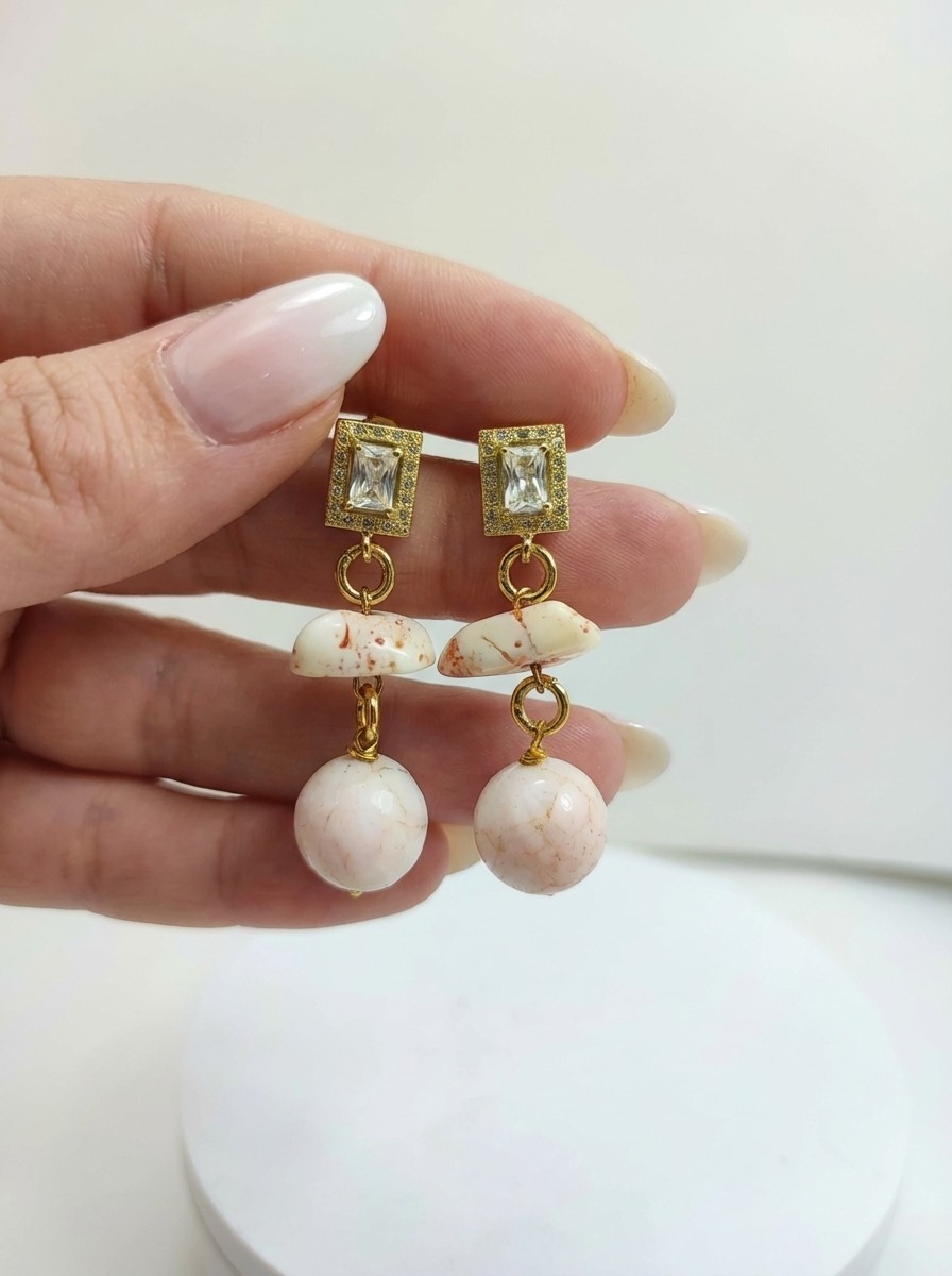 Pink Coral, Quartz and Crystal Pendant Earrings
