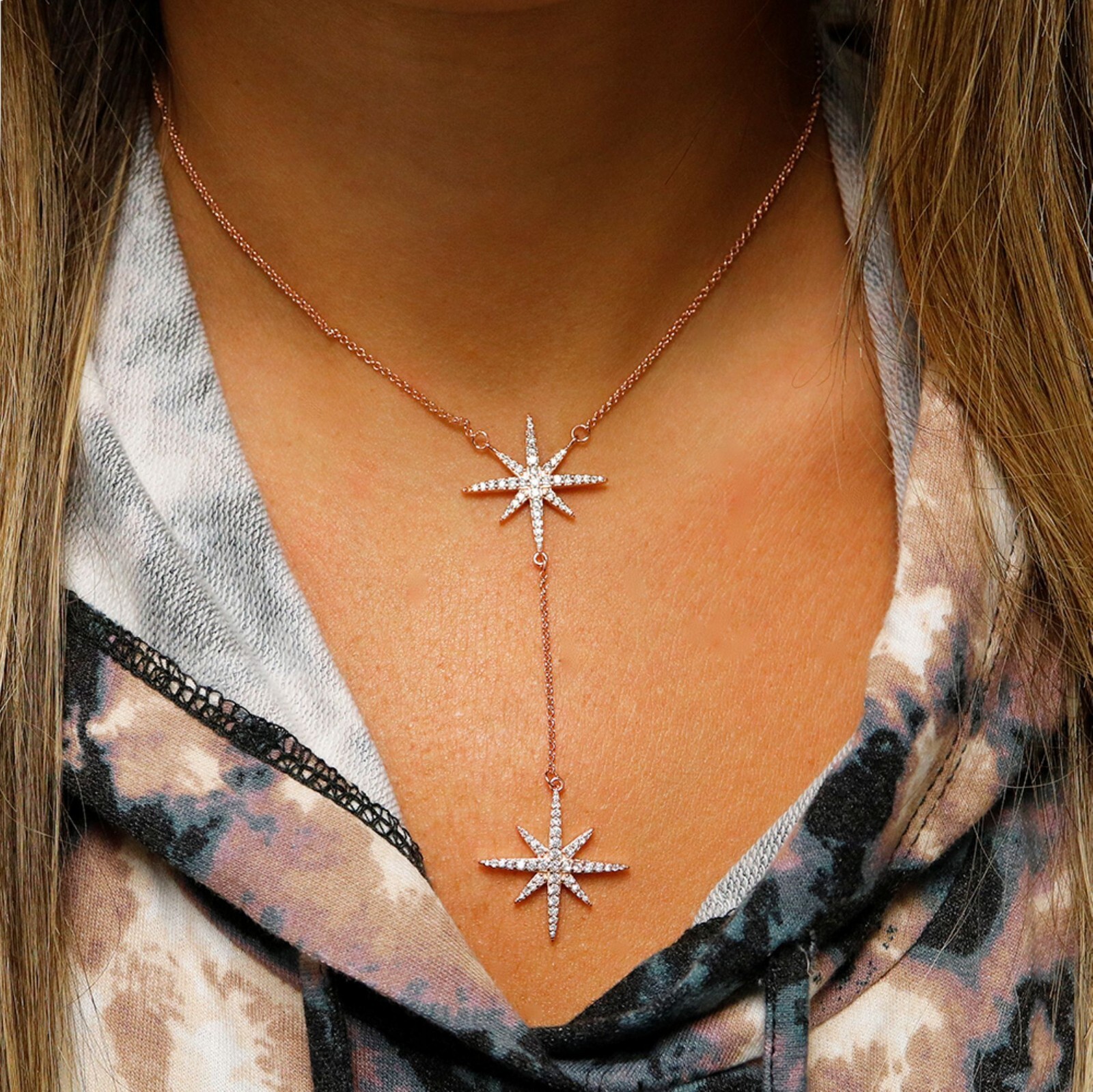 18k Rose Gold Plated CZ Starburst Pendant Necklace 18 Inches For Women