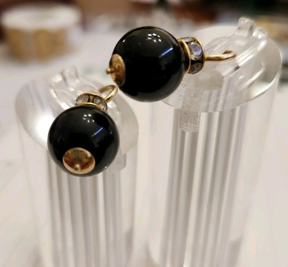 14k Gold Round Bead Onyx & CZ Hoop enhancer/pendant . Vintage 1″ With Bail