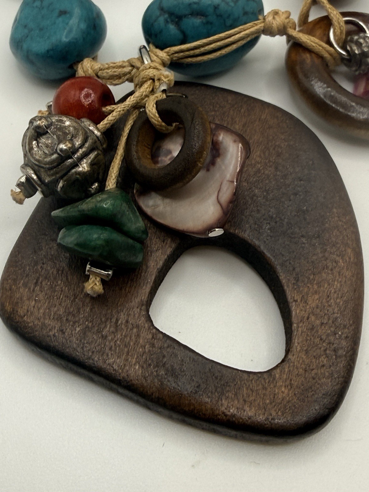 Treska Necklace Boho Statement Mixed Media Wood Faux Turquoise Bead Artsy 17-20”