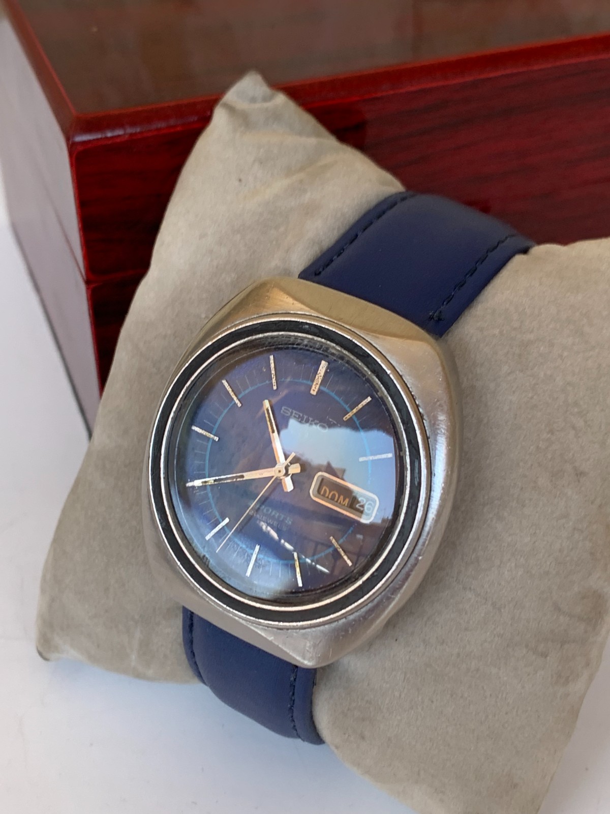 Vintage Seiko 5 Sports 6319-8070 Watch 1970s Blue Dial UFO Automatic 41mm Jumbo