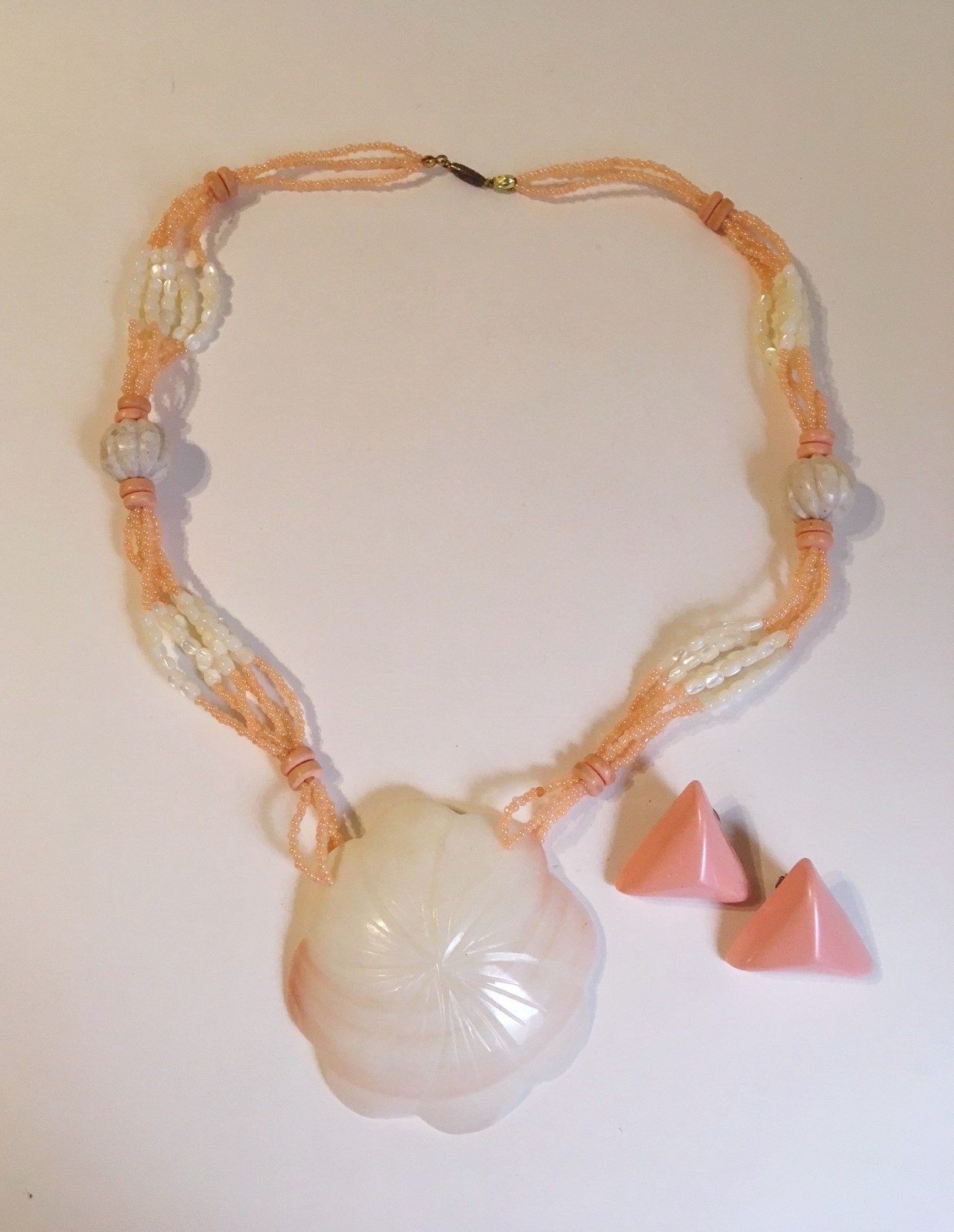 Shell Necklace Earring Set Pendant Pink Off White Beaded Triangle Post Handmade
