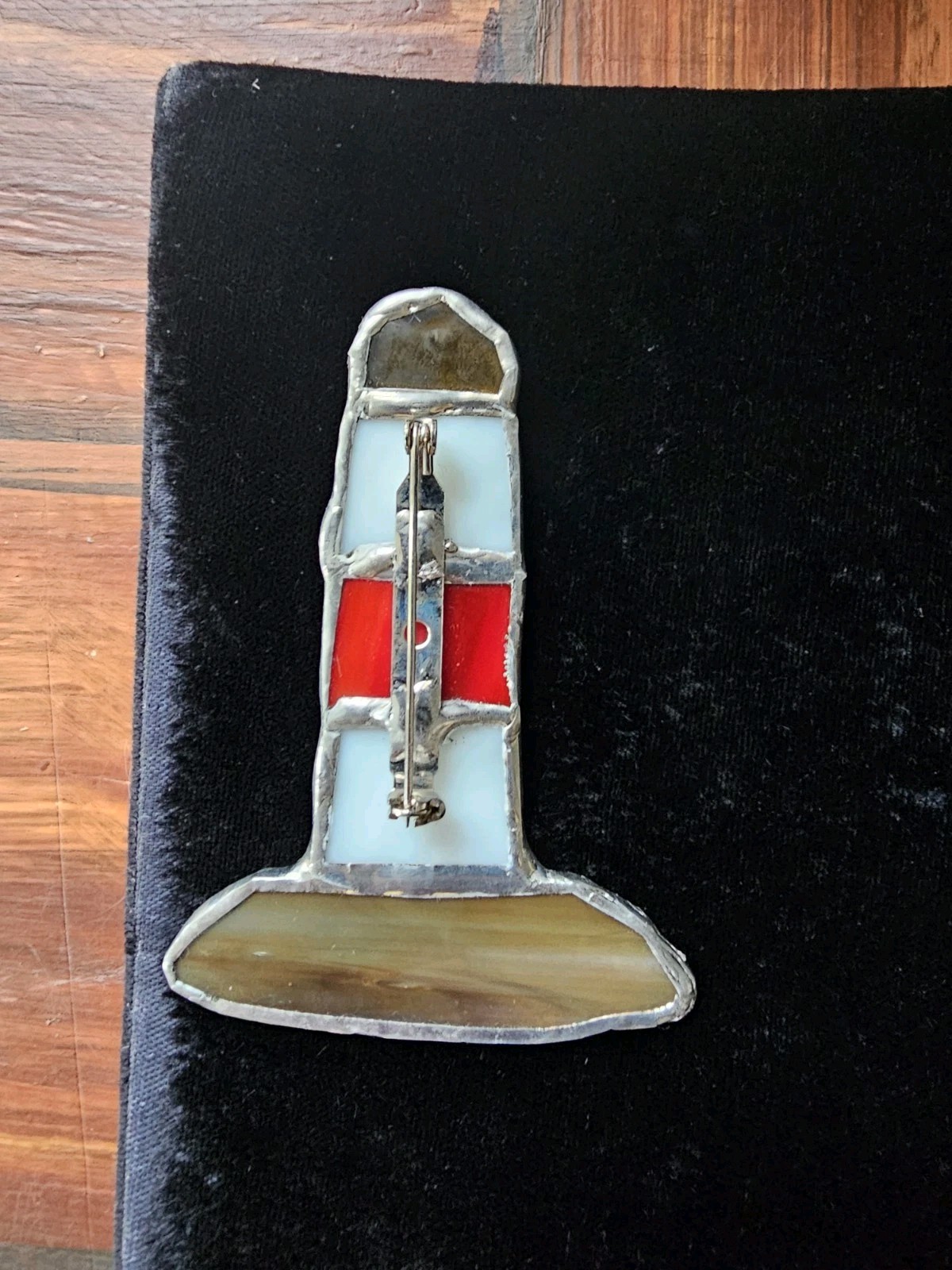 Vtg Retro Handmade Stained-Glass Large 3″ Lighthouse Brooch Pin Red White Sand