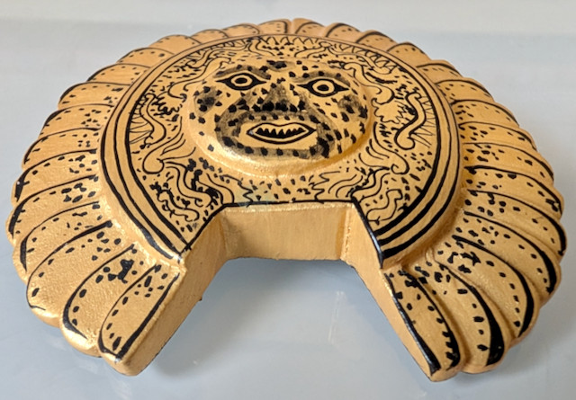 Gold and Black Painted Wooden Aztec Inspired Sun God Brooch