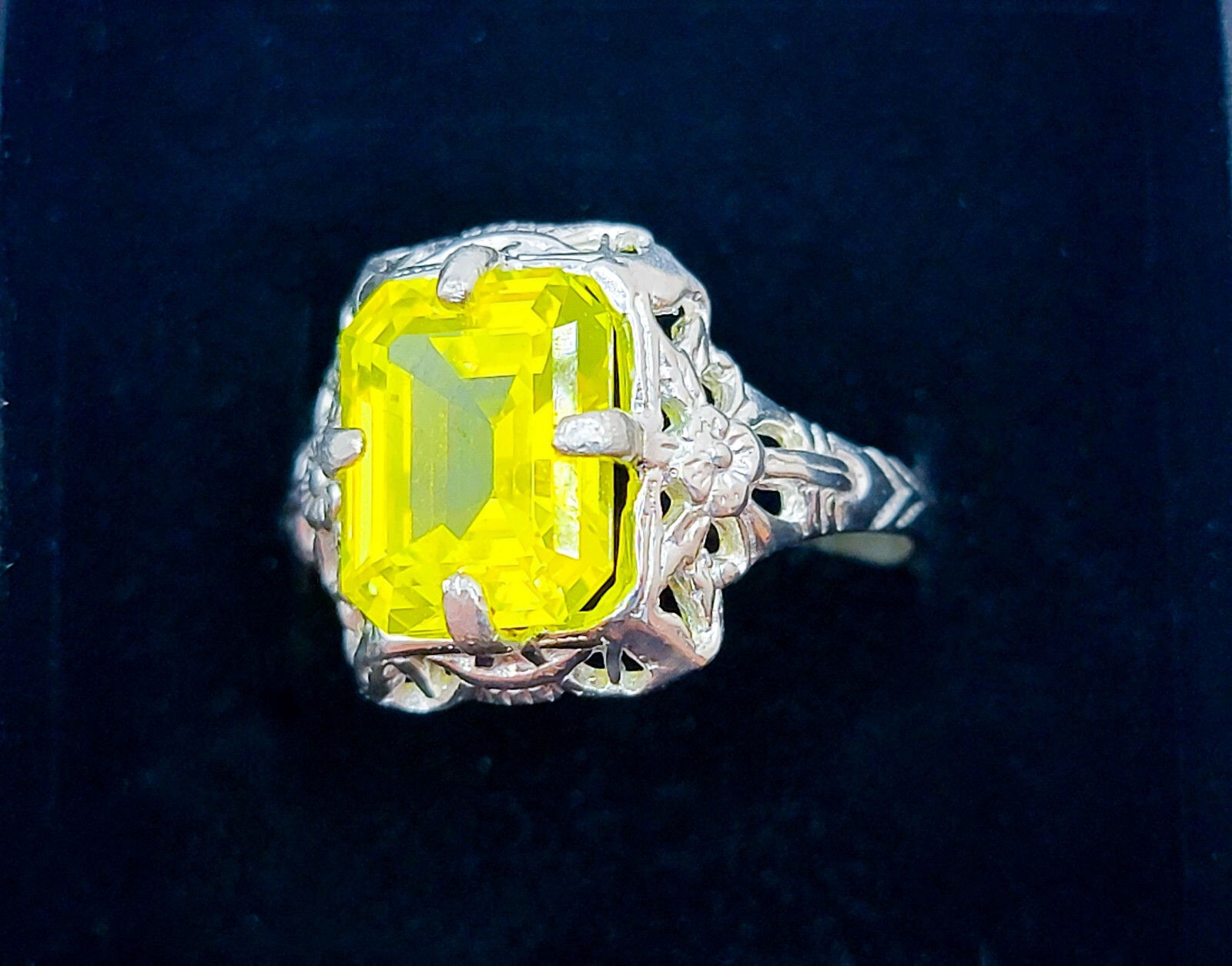 Sterling YAG Ring UV Yellow Yttrium Aluminum Garnet Emerald Cut Floral Filigree