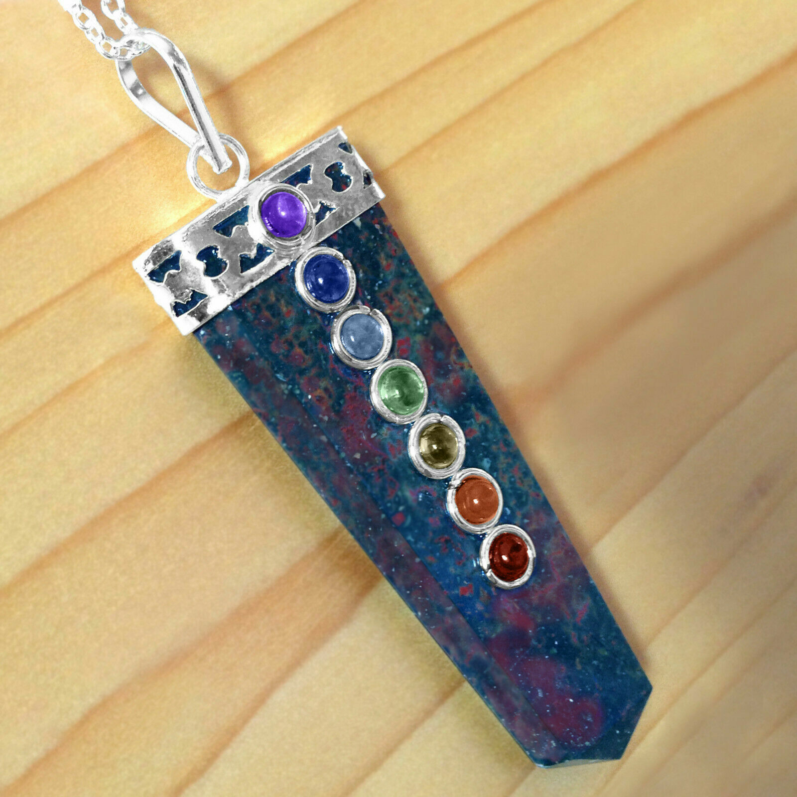 CHARGED Bloodstone Jasper Chakra Pendant LARGE Crystal Sterling Silver Necklace