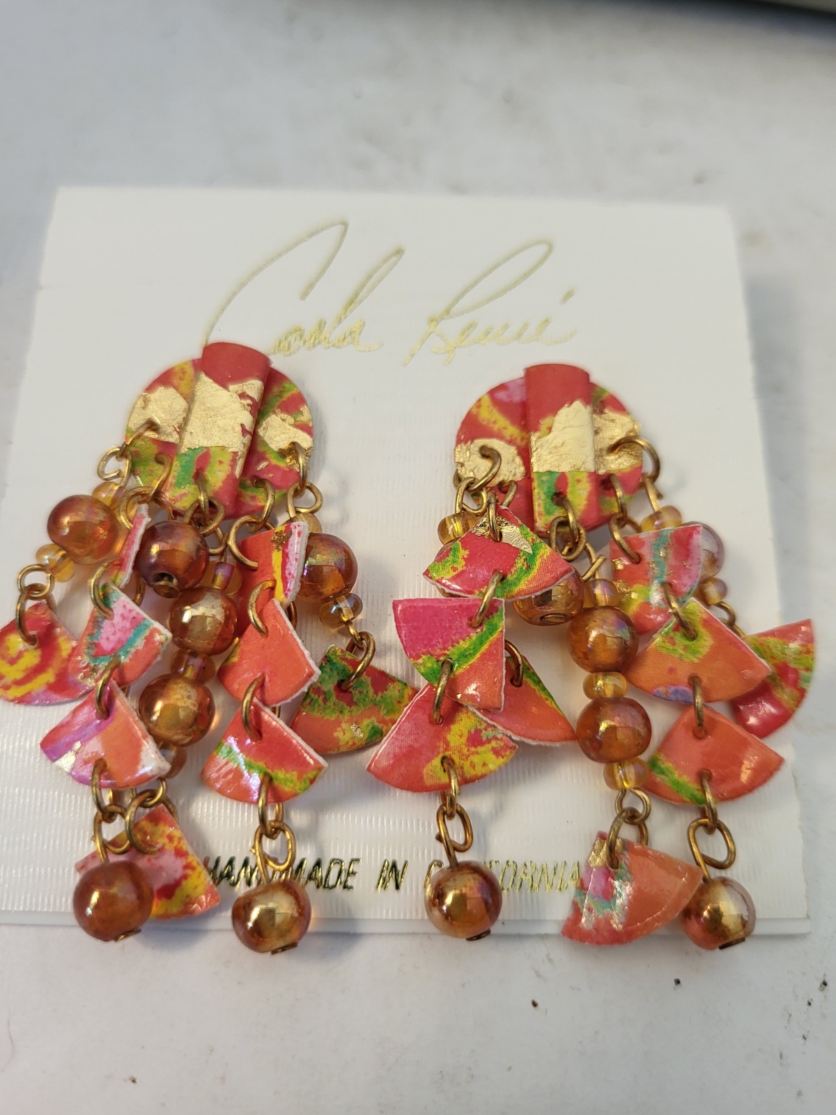 1980s Boho Carla Renee Pierced Post Earrings NOS Made In CA Orange/ Pink