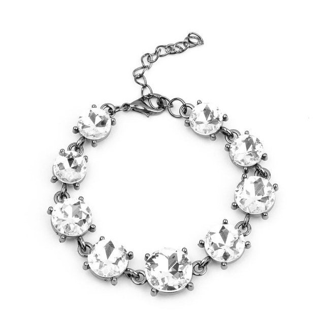 Paparazzi Tennis Bracelet, Black Tone Clear Crystal Rhinestones, Lobster Clasp