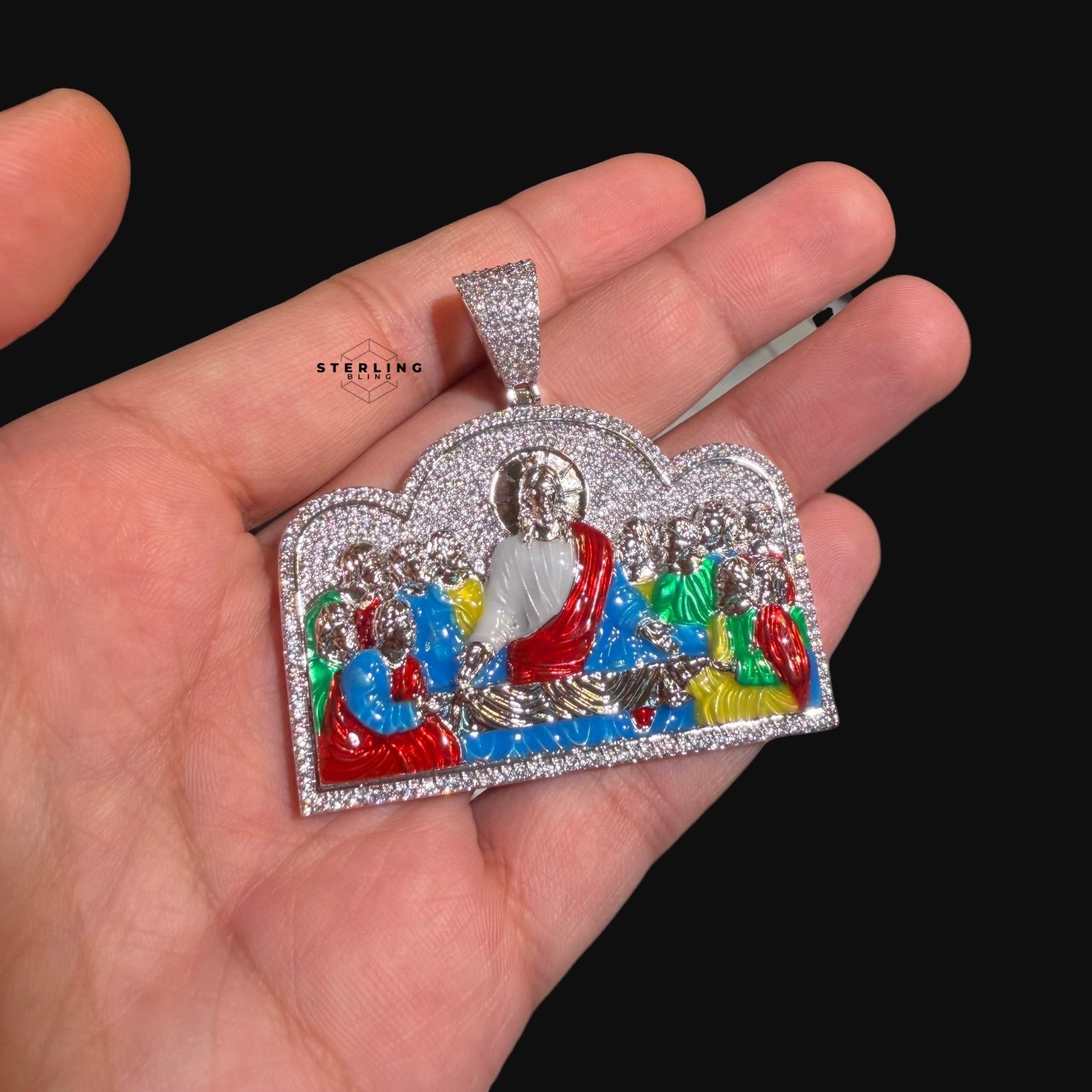 Iced Out Last Supper Enamel Pendant White Gold 14k PlatedCZ Bling + Rope Chain