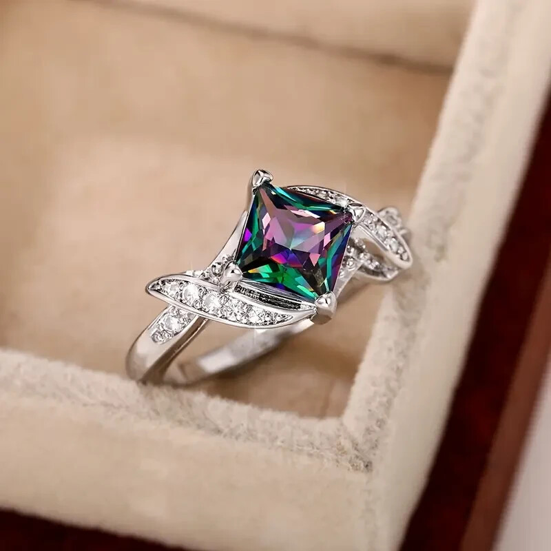 925 Sterling Silver Rainbow Mystical Fire Topaz Wedding Engagement Ring Size 8.5