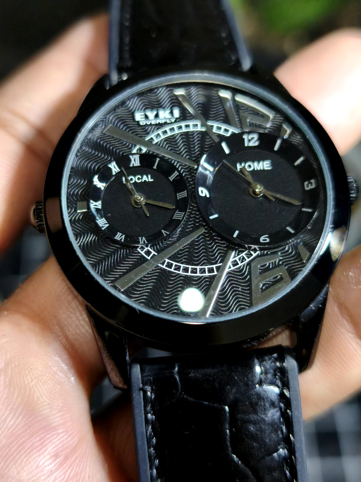 EYKI Overfly Men’s Dual Time Watch All Black Case Wave Dial Quartz