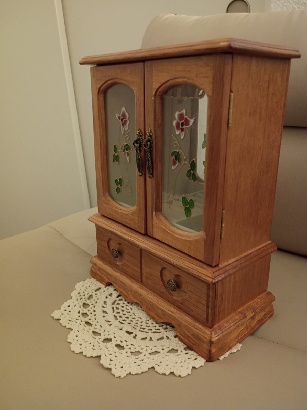 Vintage Brown Wood & Glass Jewelry Box Armoire w/ Mirror, Floral Doors, Drawers