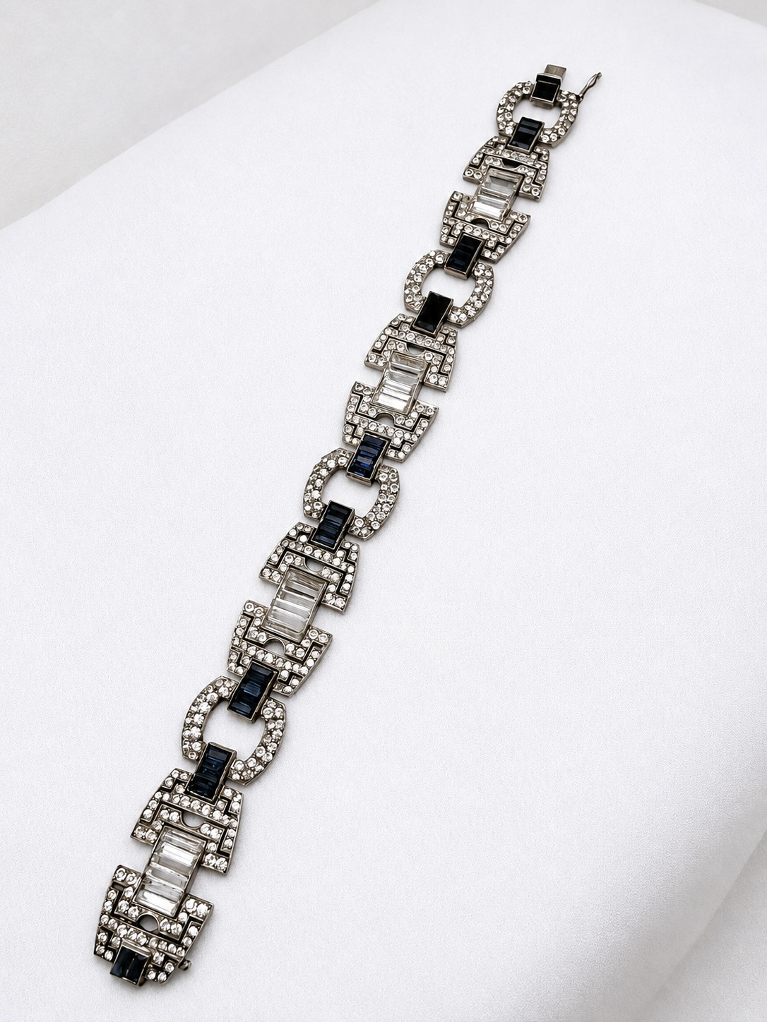 Antique Art Deco 935 Silver Bracelet Blue Clear Glass Argentina 7 7/8 in