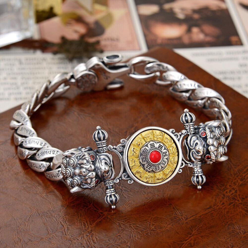 Pure S925 Sterling Silver Chain 11mm Double Pixiu Curb Link Bracelet 7.1-8.7inch