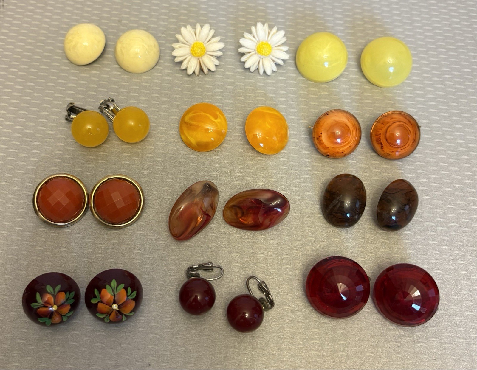 Vintage Lot Plastic Lucite Clip Earrings 12 Pair Mod 50s 60s Daisy Button Domes