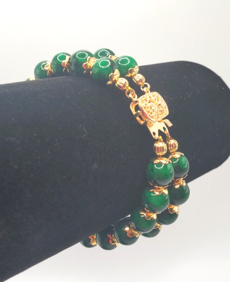 7″ Genuine Green Jade 2 Row Bracelet w/Gold-Plated Filigree Insert Clasp