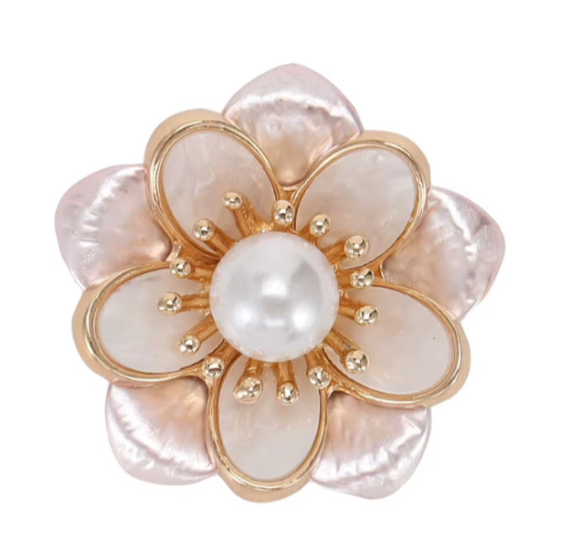 Camellia Flower Brooch Faux Pearl Gold Tone Enamel Floral Pin Cute Jewelry Gift