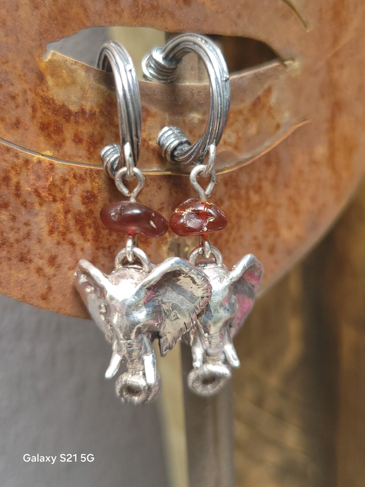 Susan Cummings Elephant Earrings Dangle Sterling Silver & Amber 2″ Long 1990s