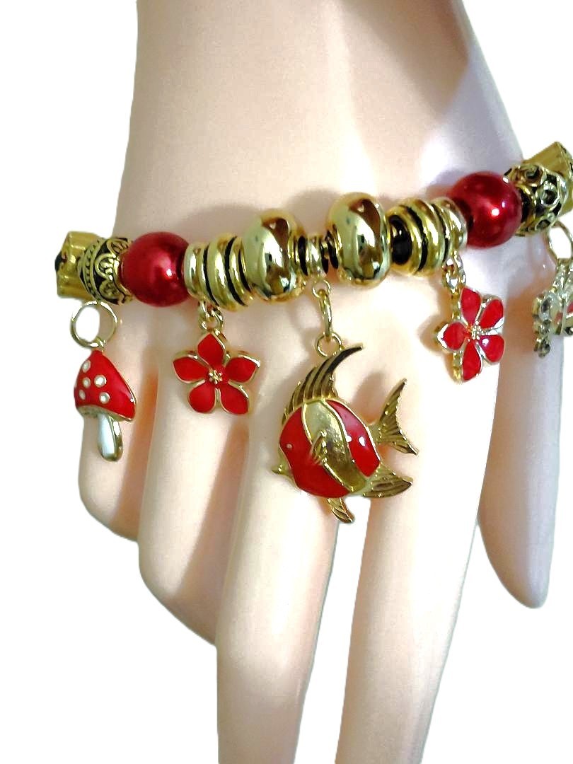 3-PC European Style Red & Gold Bracelet set & 24KGP 925 Sterling Silver Earrings