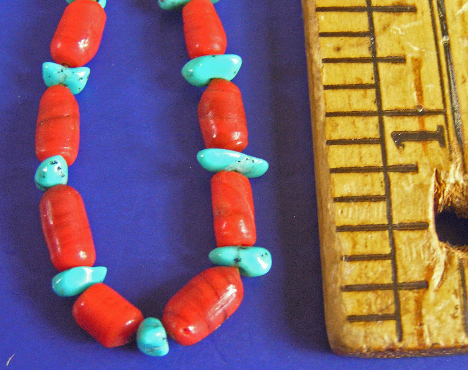 Simple Southwestern Tube Red Coral & Turquoise Beaded Necklace 25.5″ (TY)