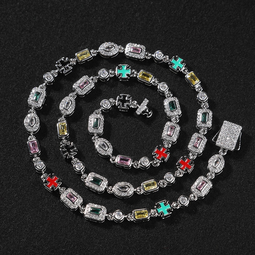 Iced Out Multi Color Gem Cross Link Chain Gold Hip Hop Unisex Statement Necklace