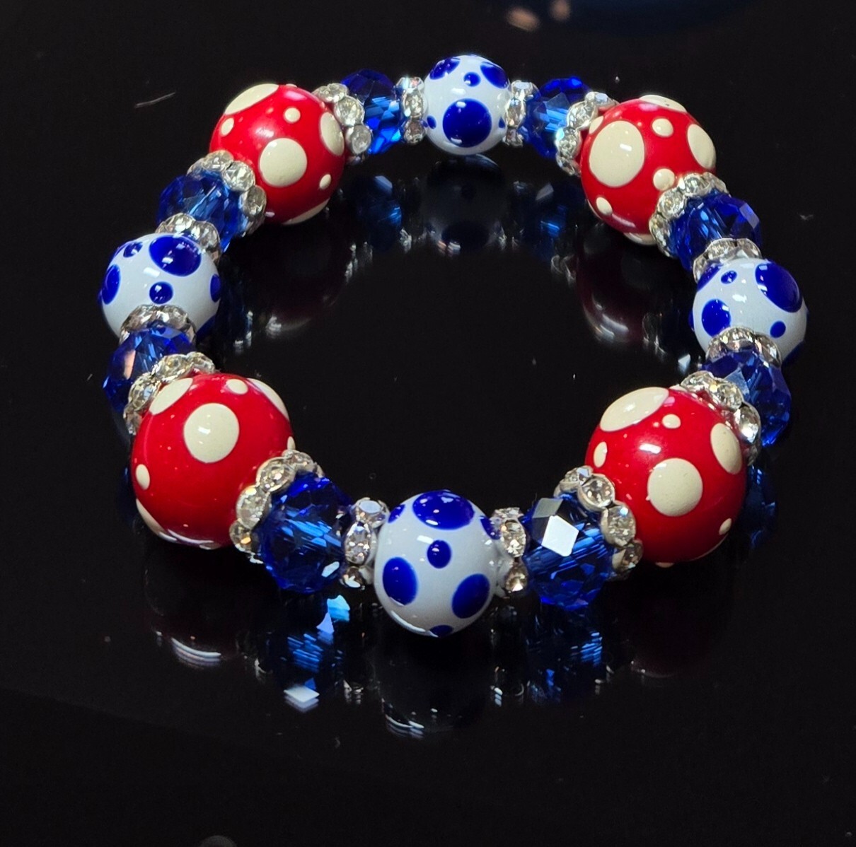 Polka Dot Red White Blue Patriotic Bracelet for Women Glass Beaded Stretch