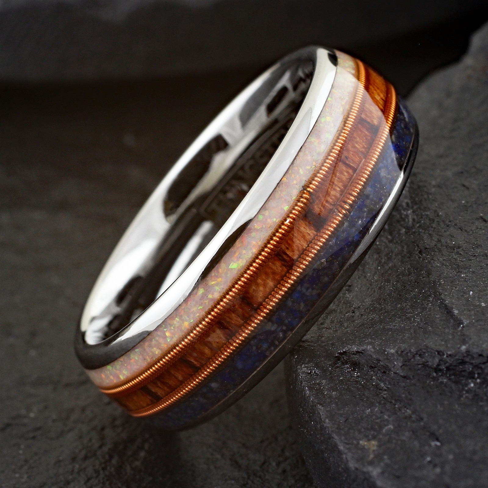 Tungsten Carbide Blue Lapis Rosewood & Opal with Guitar String Wedding Band Ring