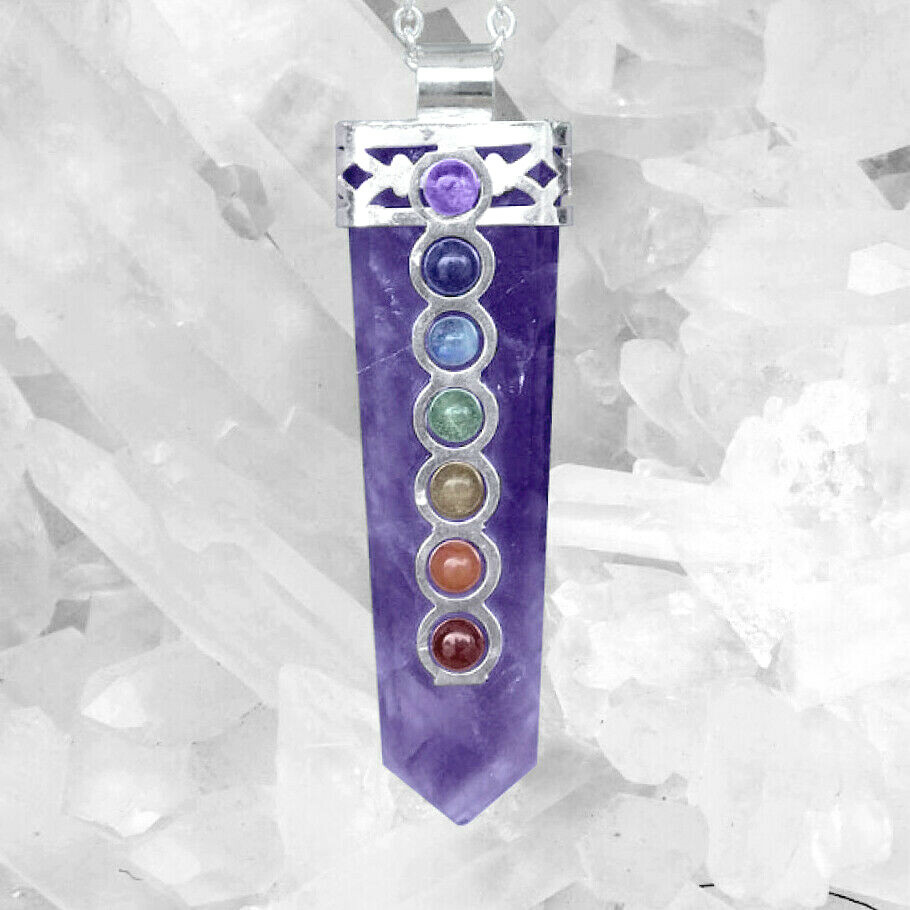 CHARGED Amethyst Crystal Point 7 Chakra Gemstone Silver Pendant & Necklace Reiki