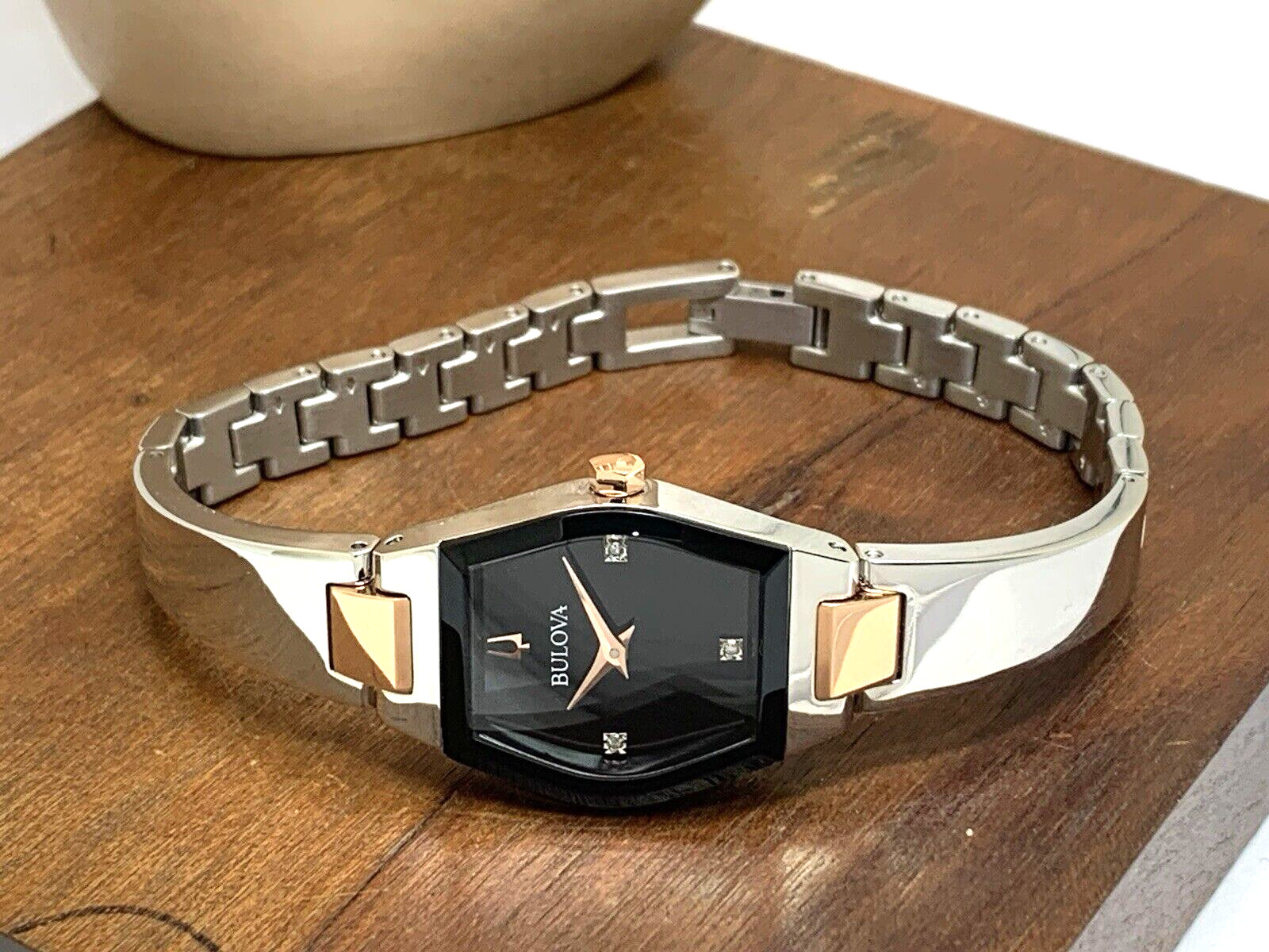 Bulova Womens Watch 98P216 Gemini Diamond Black Dial 2-Tone Quartz Petite 22.5mm