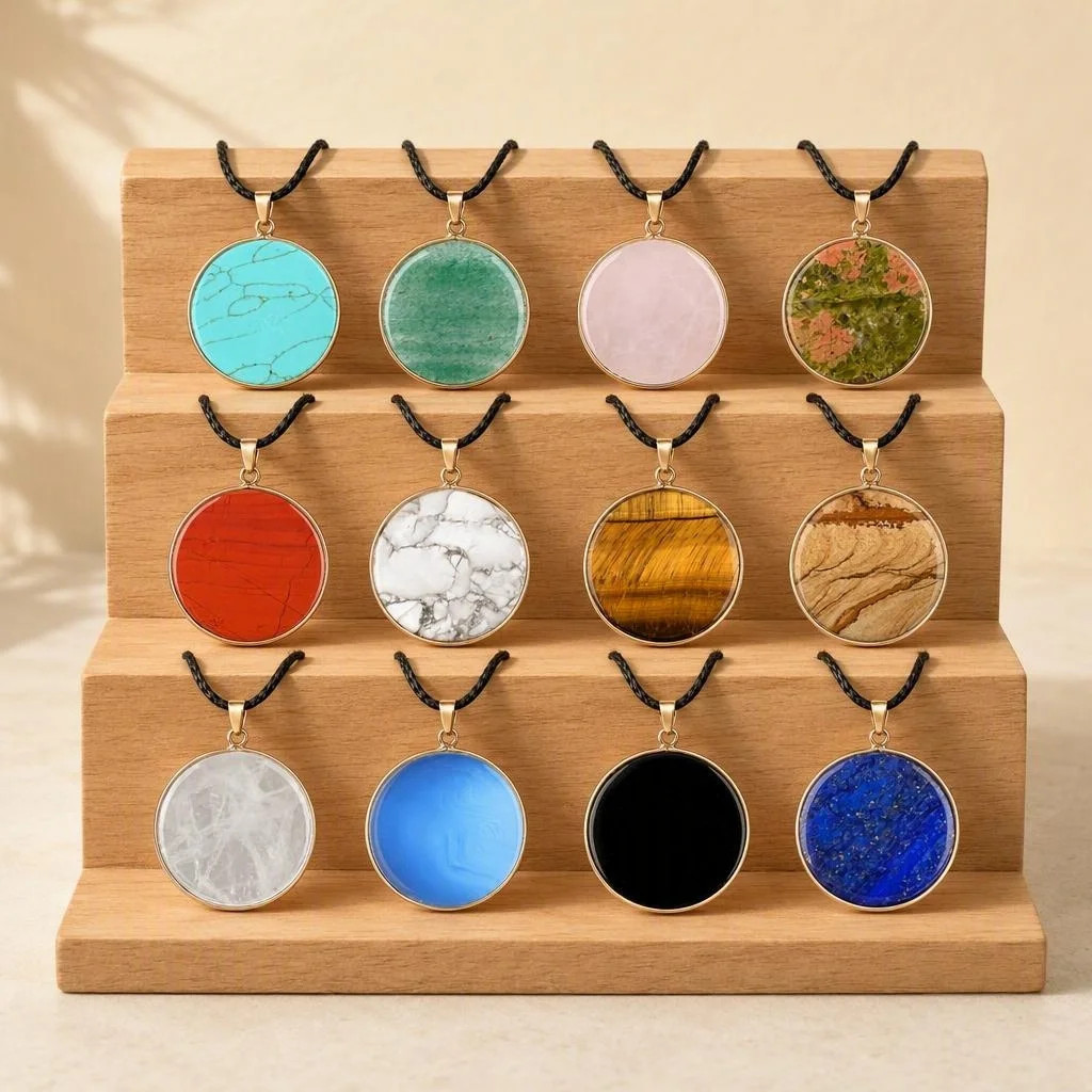 6PCS 30mm Round Natural Gemstone Pendant Necklace Gold Healing Crystal
