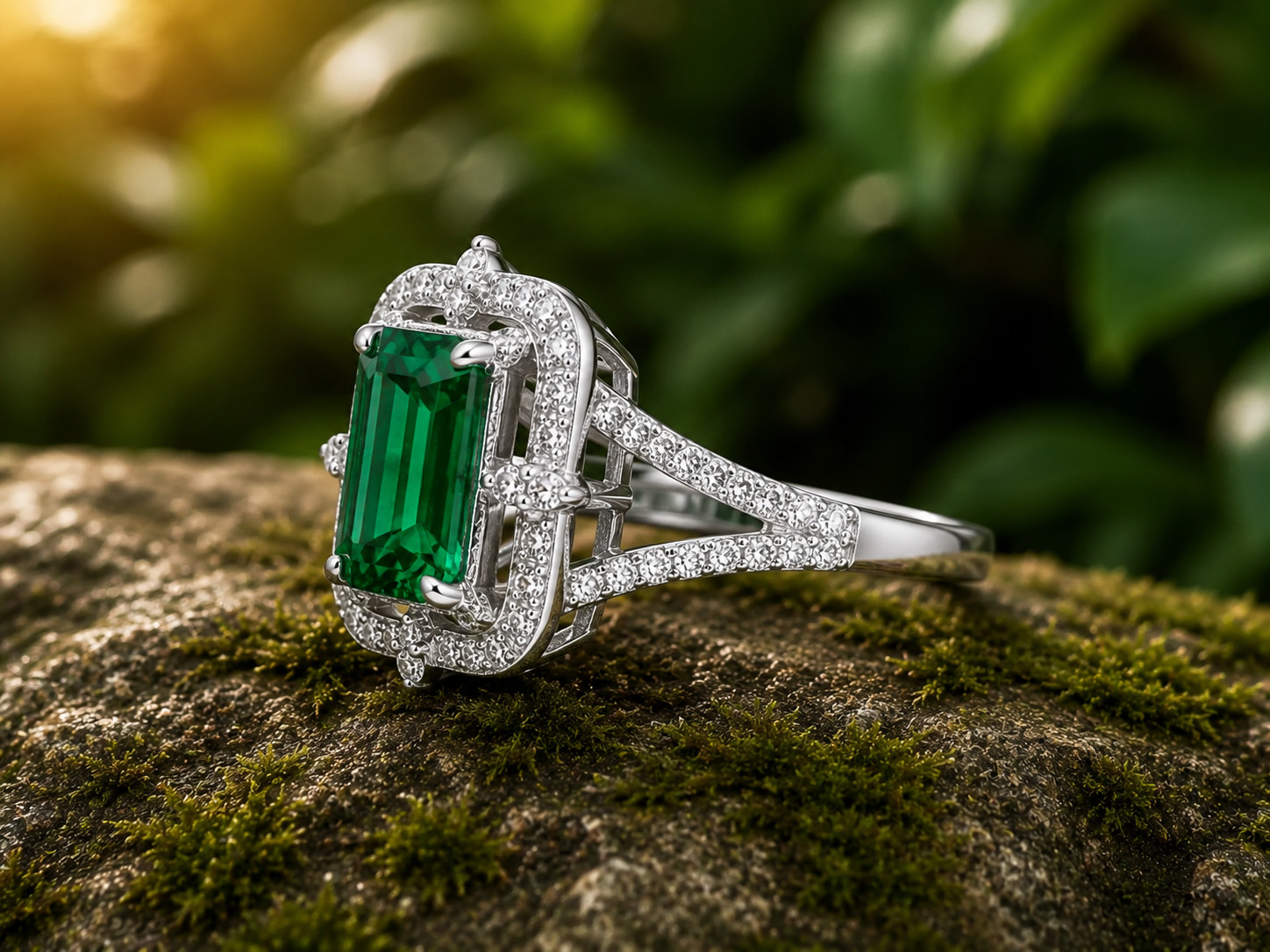 4Ct Lab Created Green Emerald Halo Engagement Wedding Ring 14k White Gold Plated