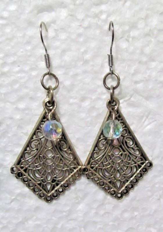 Kite Shape Filigree Earrings • Crystal Accent • Handmade 1.25” Drops