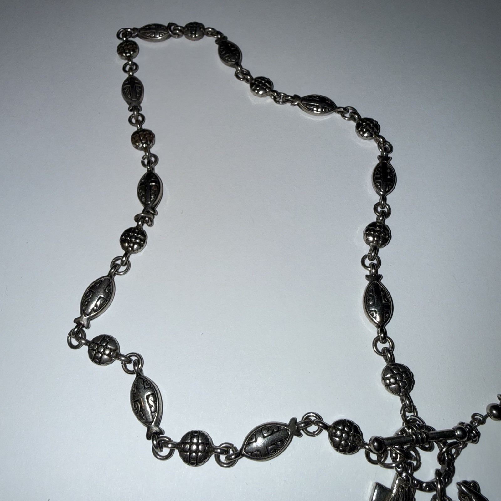 Silver Tone Toggle Link Chain Necklace | Religious Cross & Dove Charm Dangles