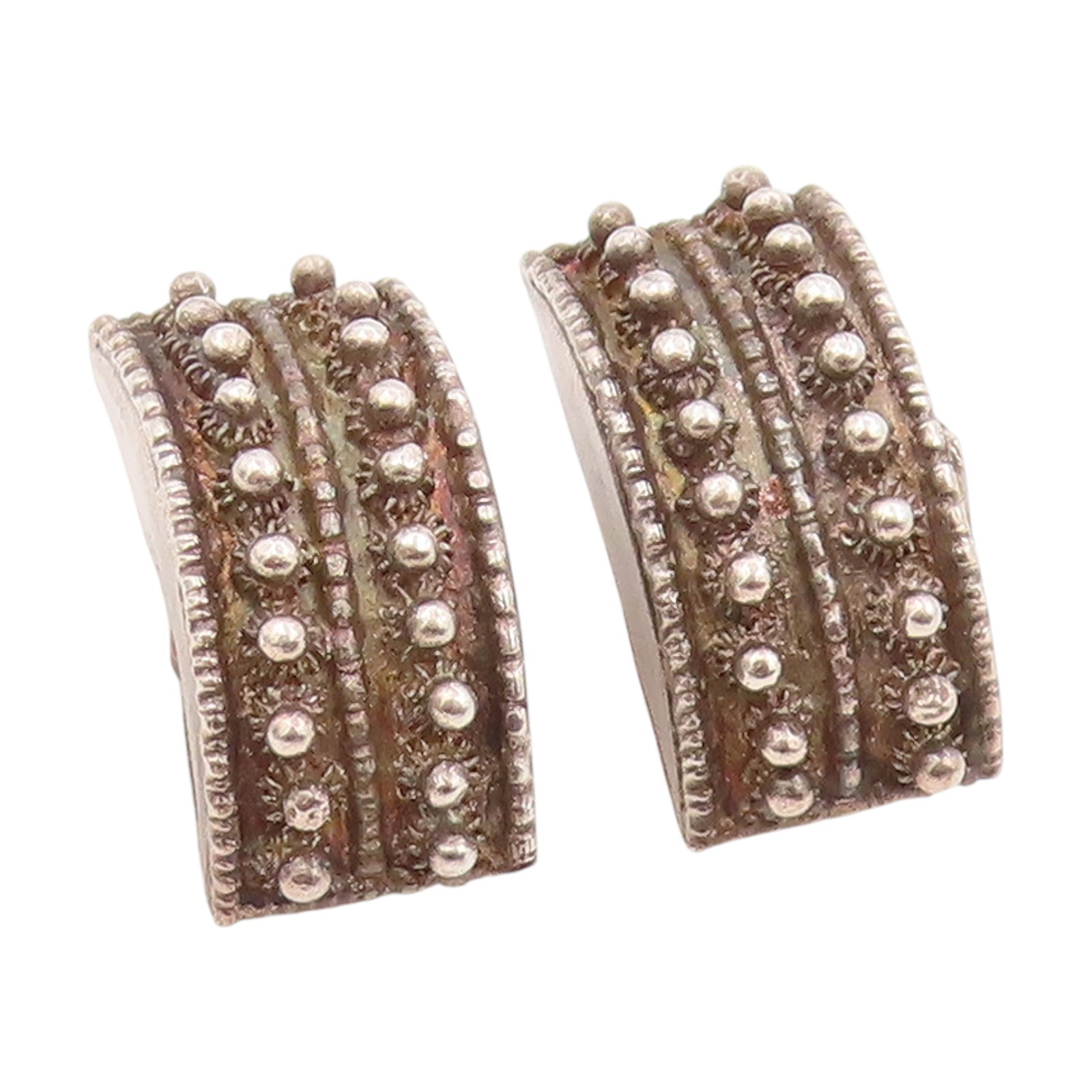 925 Sterling Silver Vintage Earrings Ethnic Intricate Beadwork Wide Hoop EG14005